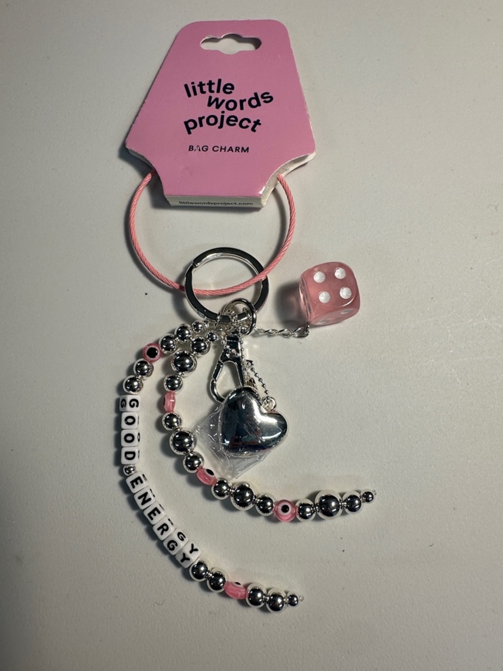 Little Words Project Pink Heart Dice Bag Charm Keychain word GOOD ENERGY